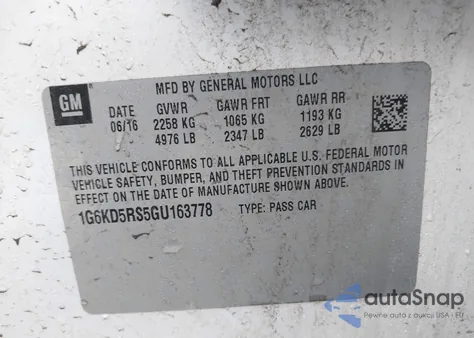 2016 Cadillac Ct6 Luxury из США, поврежденный, VIN 1G6KD5RS5GU163778